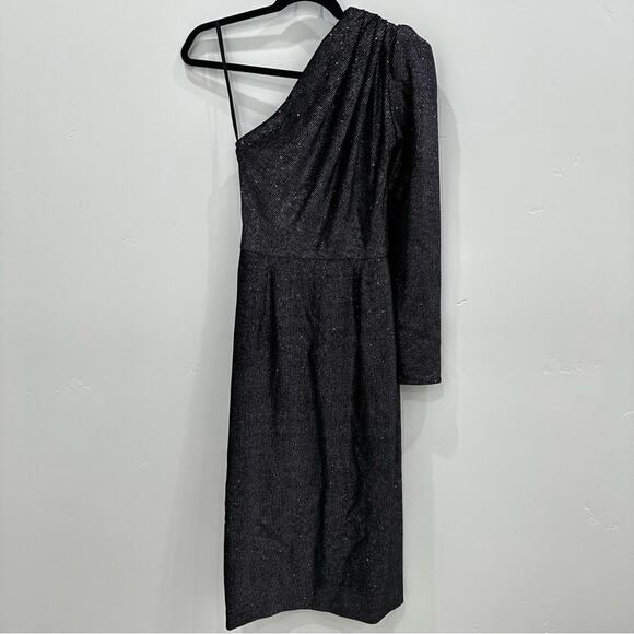 NWT Bronx and Banco Belle One Shoulder Midi Dress. Black with Metallic Thread. - Picture 3 of 11